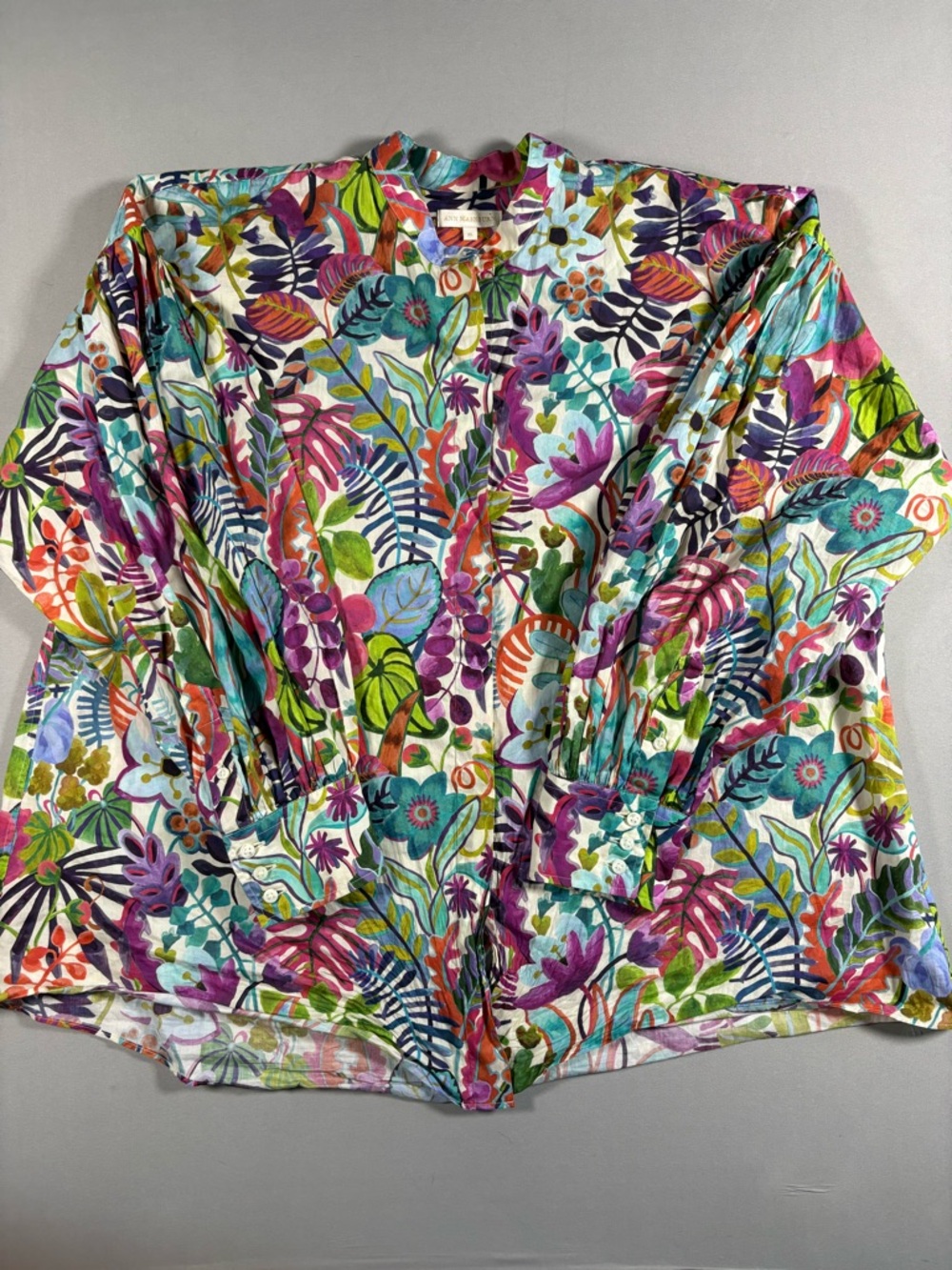 Ann Mashburn Women's Floral Tropical Resortwear Button Up Long Puff Sleeve, XL